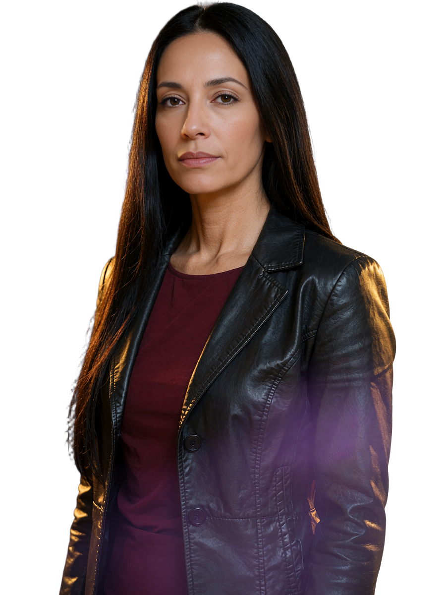 Confident single woman with long black hair in a leather jacket on a local Selunion dating profile
