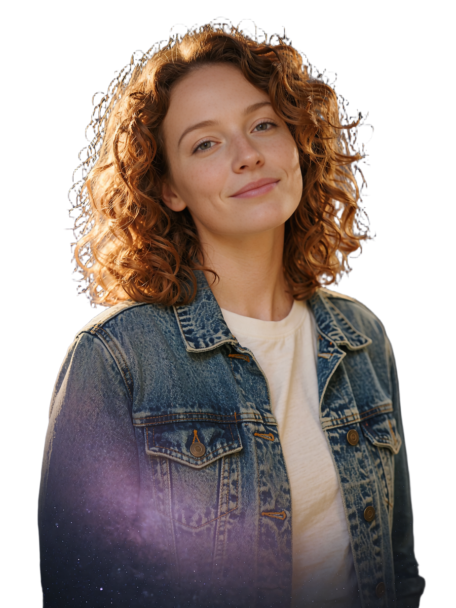 Single woman with auburn curls in a denim jacket smiling on her Selunion online dating profile card