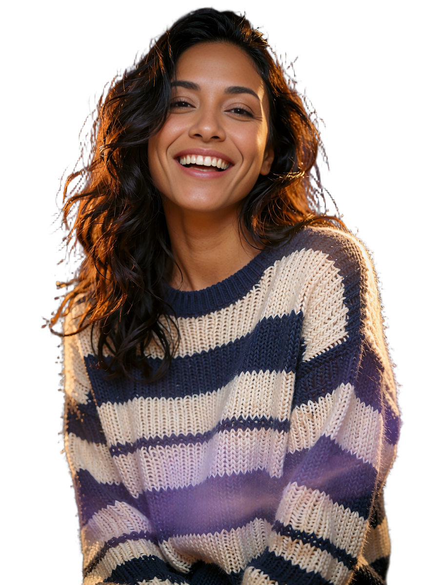 Laughing single woman with dark wavy hair in a striped sweater meeting local singles through Selunion