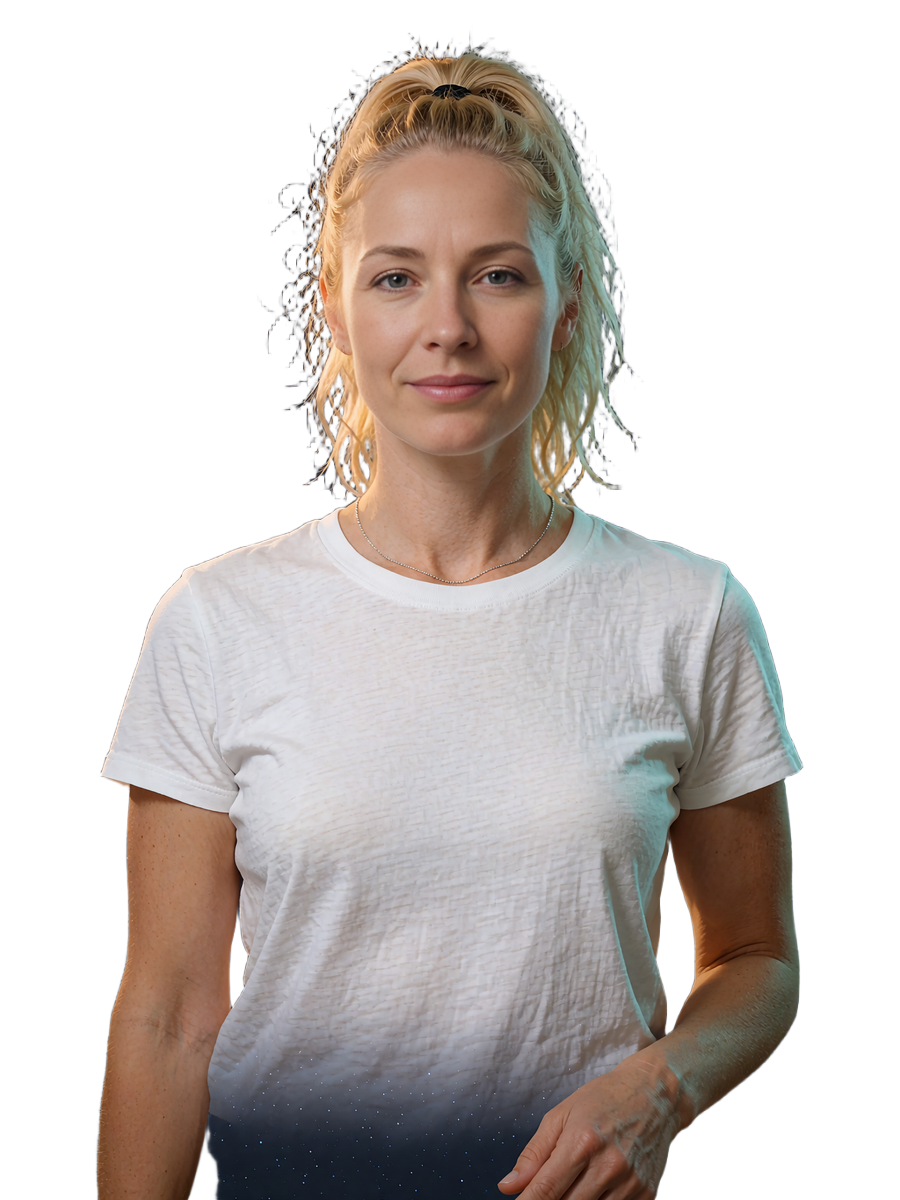 Blonde single woman in a white tee ready to chat with men looking for free dating apps near her