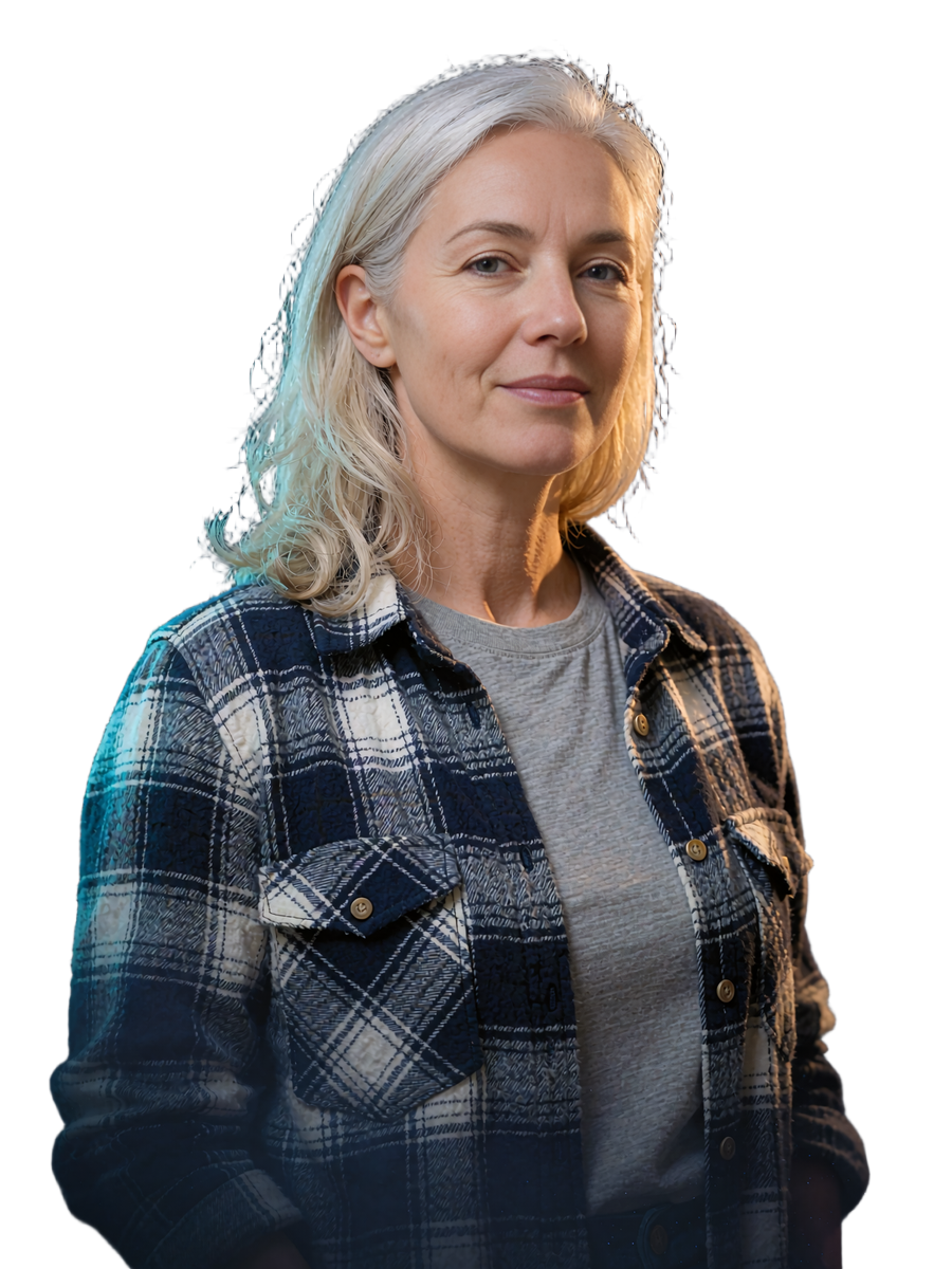 Single woman with silver-blonde hair in a navy plaid shirt shown on a Selunion free dating app card