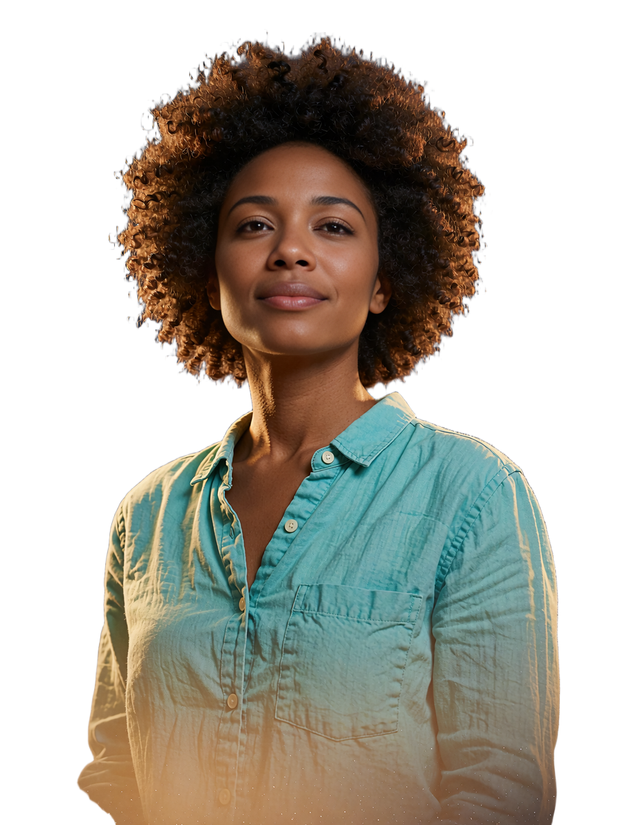 Confident single woman with a natural afro in a teal shirt featured on a Selunion local dating profile
