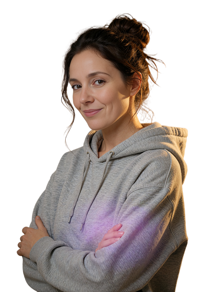 Smiling single woman with a messy bun in a grey hoodie browsing matches on the Selunion dating app