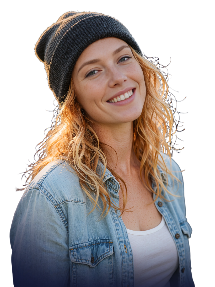 Freckled single woman in a denim shirt and beanie browsing local singles near me on Selunion